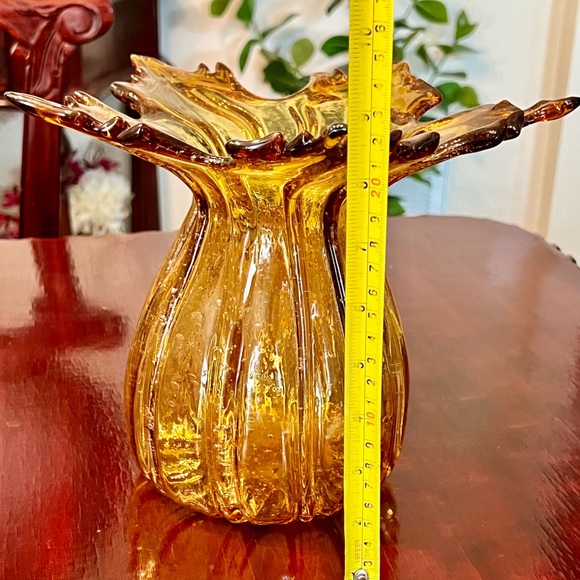 VTG Stretch Glass Vase Amber Ribbed Body Sunburst Flared Mouth Hand Blown 1960s - Picture 10 of 11